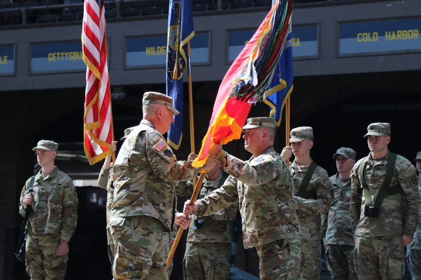 The Pennsylvania Army National Guard held a ceremony at the Kingston Armory in Wilkes-Barre, Pa. Sept. 14, 2025 to mark a significant moment in the organization's history. The 1st Battalion, 109th Field Artillery Regiment, a storied unit dating back to 1775, was deactivated. The Regiment's colors were cased during a time-honored tradition to symbolize the conclusion of its active service. After, the 28th Division Artillery was reactivated, reestablishing a critical component of the 28th Infantry Division's combat power. (U.S. Army National Guard photos by Sgt. 1st Class Shane Smith)