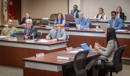 Ms. Liz Miranda, executive deputy to the commanding general of Army Materiel Command, discusses transformation initiatives during a Management Business Review III at Redstone Arsenal, Ala., Sept. 3, 2025. The session highlighted sustainment priorities and recognized employees for contributions to Army readiness.