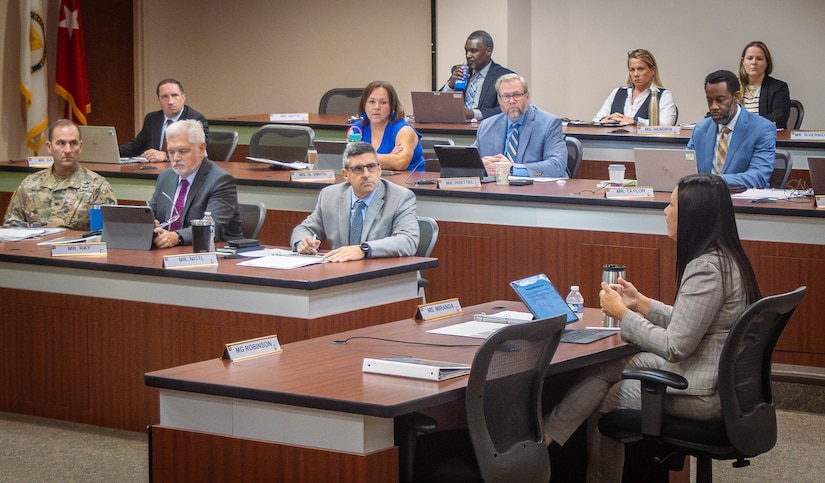 Ms. Liz Miranda, executive deputy to the commanding general of Army Materiel Command, discusses transformation initiatives during a Management Business Review III at Redstone Arsenal, Ala., Sept. 3, 2025. The session highlighted sustainment priorities and recognized employees for contributions to Army readiness.