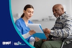 DHA logo and Unlock Your Health logo; Medical professional in scrubs shows man in wheelchair papers on a clipboard.