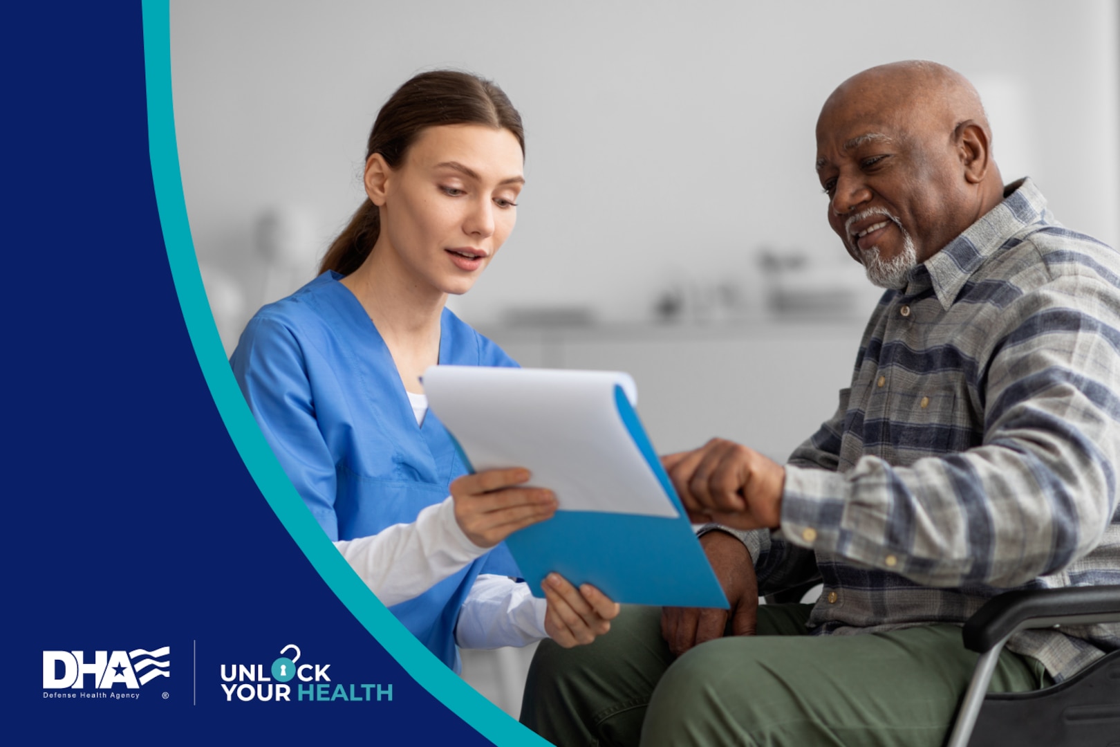 DHA logo and Unlock Your Health logo; Medical professional in scrubs shows man in wheelchair papers on a clipboard.