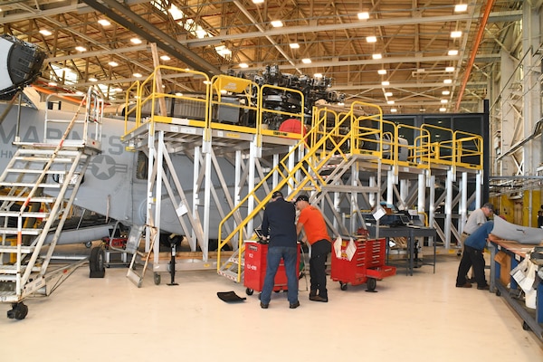 Artisans on the Fleet Readiness Center East (FRCE) H-53 aircraft line work on a CH-53K King Stallion, the first inducted for maintenance at the depot. FRCE inducted the aircraft April 17 as the first of 14 planned for induction as part of the Age Exploration Program, Depot (AEPD); it is the first King Stallion ever inducted for depot-level maintenance. AEPD collects information regarding the aircraft’s condition through controlled testing and analysis and assists in the development of effective and efficient maintenance schedule for new aircraft.