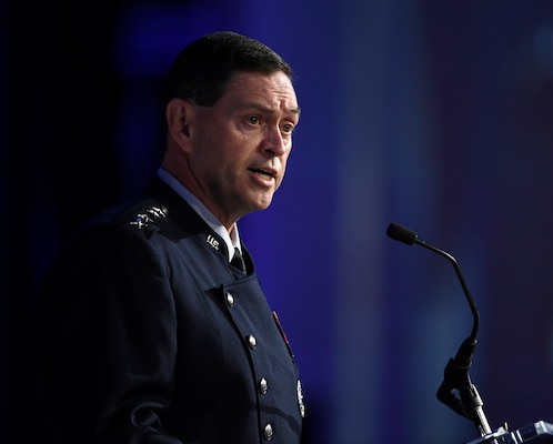 Gen Chance Saltzman offers a keynote address at the Air Space and Cyber conference.