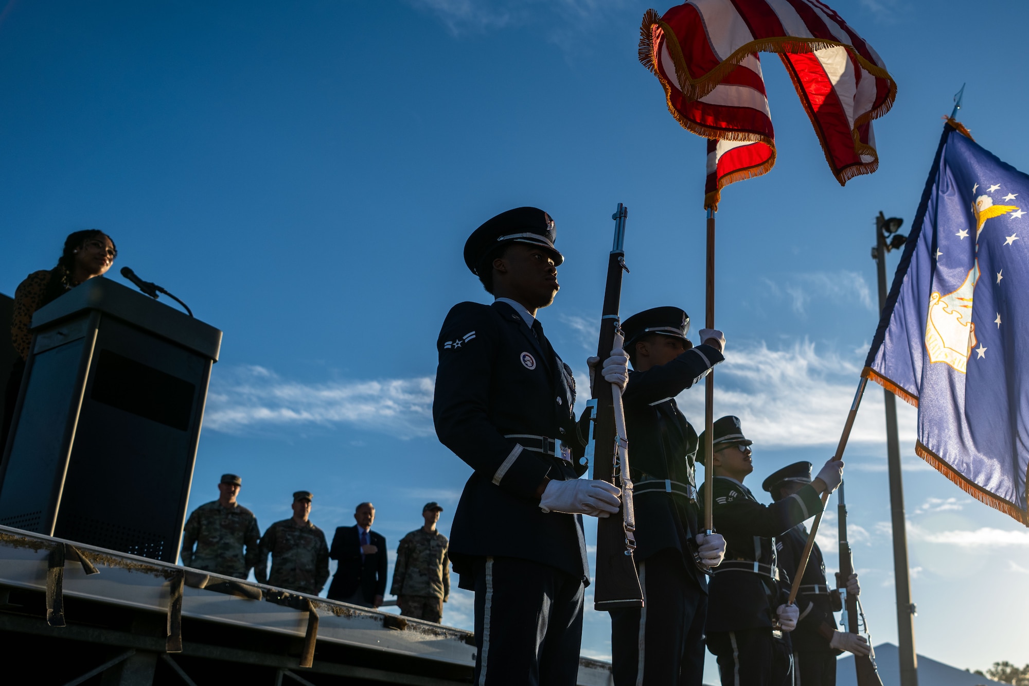 U.S. Air Force honor guardsmen assigned to the 6th Force Support Squadron present the colors during the POW/MIA Recognition Day Opening Ceremony at MacDill Air Force Base, Florida, Sept. 18, 2025. The ceremony marked the start of the installation’s annual 24-hour run, during which the POW/MIA flag remains in constant motion throughout the night. (U.S. Air Force photo by Senior Airman Zachary Foster)