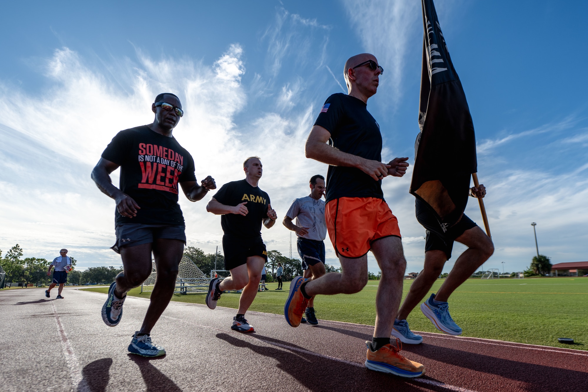 Joint force service members assigned to the 6th Air Refueling Wing and Joint Communication Support Element participate in the POW/MIA memorial run at MacDill Air Force Base, Florida Sept. 18, 2025. Members from across the installation assembled in recognition of the more than 81,000 Americans who remain missing from WWII, the Korean War, the Vietnam War, the Cold War, the Gulf Wars and other conflicts. (U.S. Air Force photo by Senior Airman Zachary Foster)