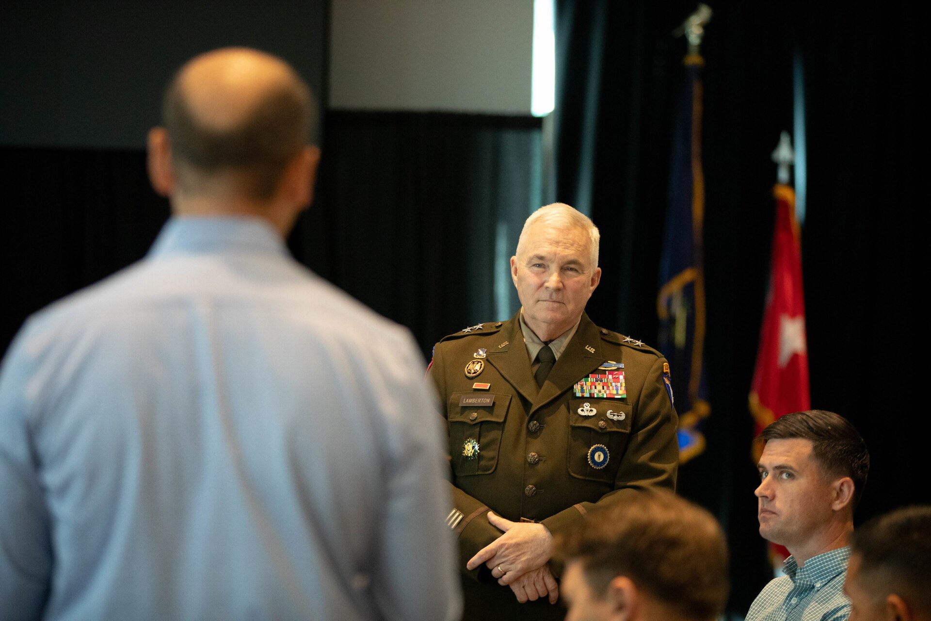 U.S. Army Maj. Gen. Haldane Lamberton, Kentucky’s adjutant general, listens as a participant of the Strategic Broadening Seminar (SBS) asks a question at the Kentucky Historical Society, Aug. 28.