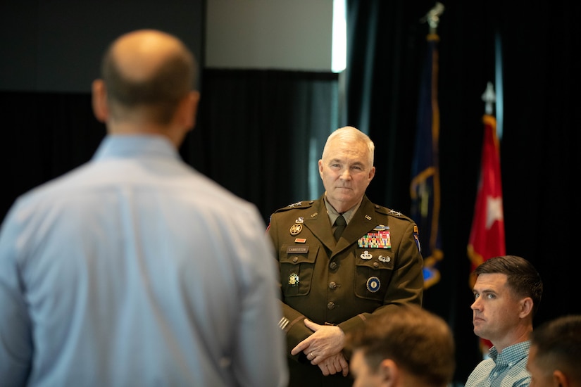 U.S. Army Maj. Gen. Haldane Lamberton, Kentucky’s adjutant general, listens as a participant of the Strategic Broadening Seminar (SBS) asks a question at the Kentucky Historical Society, Aug. 28.