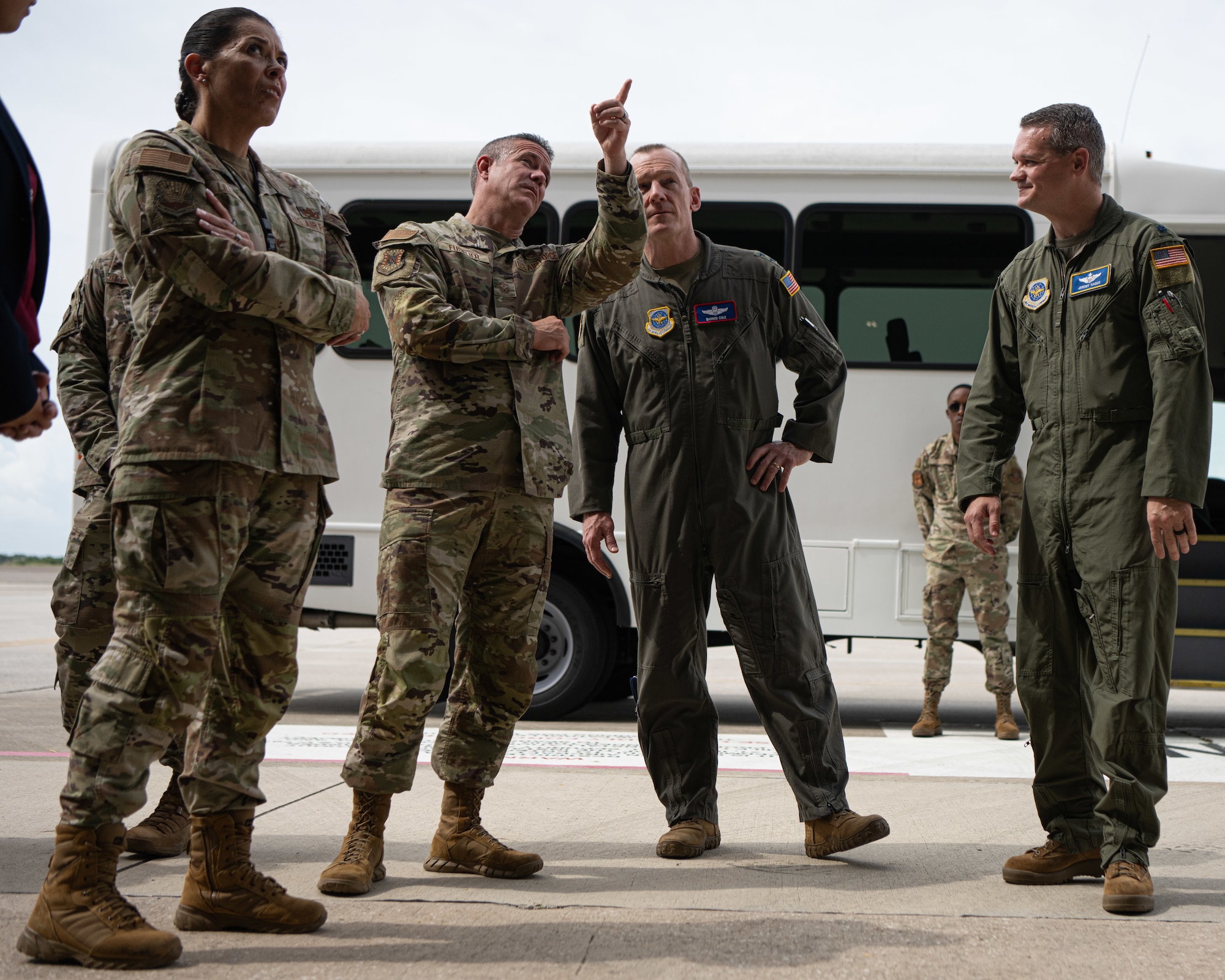 U.S. Air Force Maj. Gen. Darren Cole, 21st Air Force and U.S. Air Force Expeditionary Center commander, and Chief Master Sgt. Dennis Fuselier, 21st Air Force and U.S. Air Force Expeditionary Center command chief, tour 6th Air Refueling Wing facilities at MacDill Air Force Base, Florida Sept. 17, 2025. The tour provided 21st AF and USAF EC command team with a firsthand look at how the KC-46 Pegasus infrastructure serves as a force multiplier by increasing the speed, range and lethality of combat aircraft. (U.S. Air Force photo by Airman 1st Class Helen Ly)
