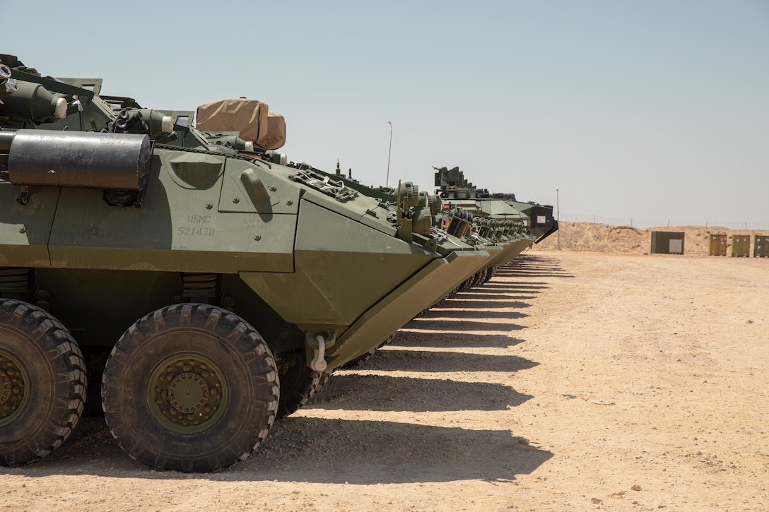 U.S. Marine Corps vehicles are staged at the Logistics Support Area (LSA), Egypt, August 23, 2025. Exercise Bright Star 25 is a multilateral U.S. Central Command (USCENTCOM) command-post exercise, field training exercise and senior leader seminar, held in the Arab Republic of Egypt along with other partner nations. Participation strengthens military-to-military relationships between U.S. forces and our Egyptian partners, as well as other participating nations. The exercise enhances regional security and stability by responding to modern-day security scenarios. (U.S. Army photo by Spc. Cynthia Gomez Beltran)