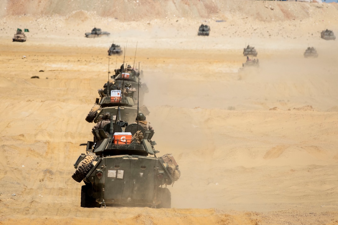 U.S. Marines assigned to 4th Assault Amphibious Battalion maneuver Assault Amphibious Vehicles during a joint training exercise as part of BRIGHT STAR 25 at Mohamed Naguib Military Base, Egypt, Sep. 3, 2025. BRIGHT STAR 25 enhances readiness and builds our partners’ capacity to operate seamlessly together while improving interoperability in a joint operations environment. (U.S. Army photo by Sgt. Grace Nechanicky)
