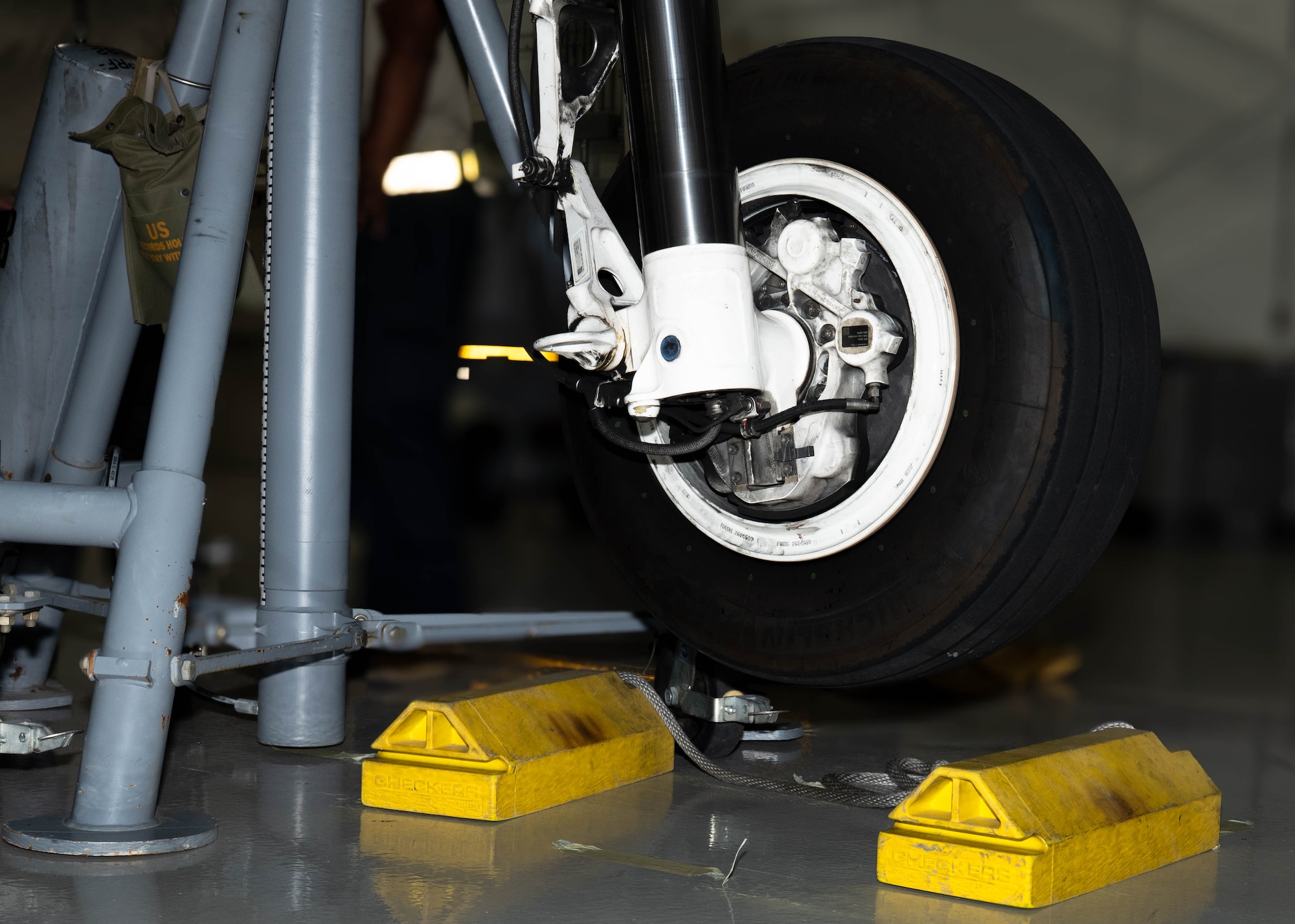 An F-35A Lightning II rests on a load cell during testing