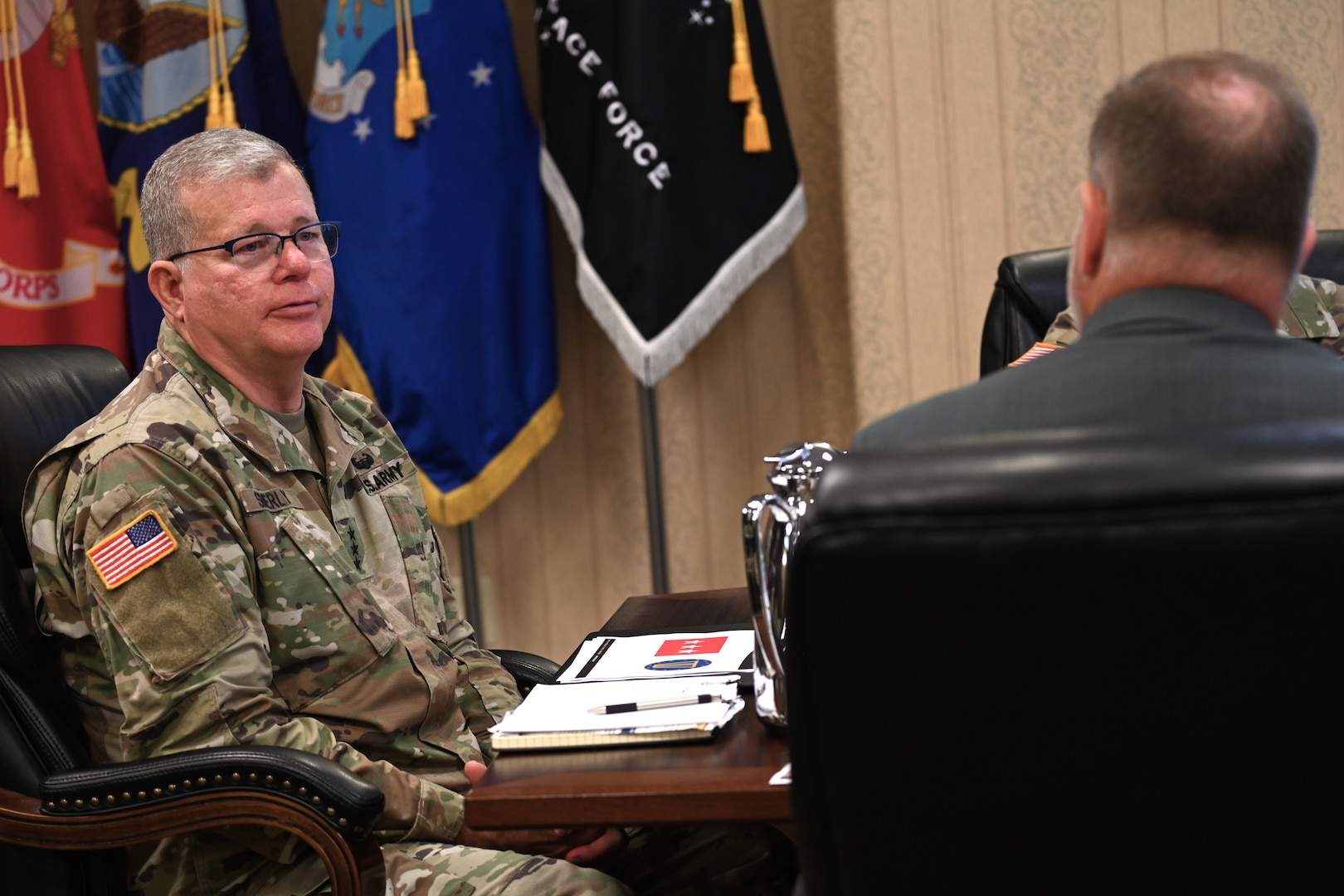 Army Lt. Gen. Mark Simerly (left), director, Defense Logistics Agency, leads the DLA Disposition Services Annual Operating Plan review Sept. 19th, at the Hart-Doyle-Inouye Center, Battle Creek, Michigan.