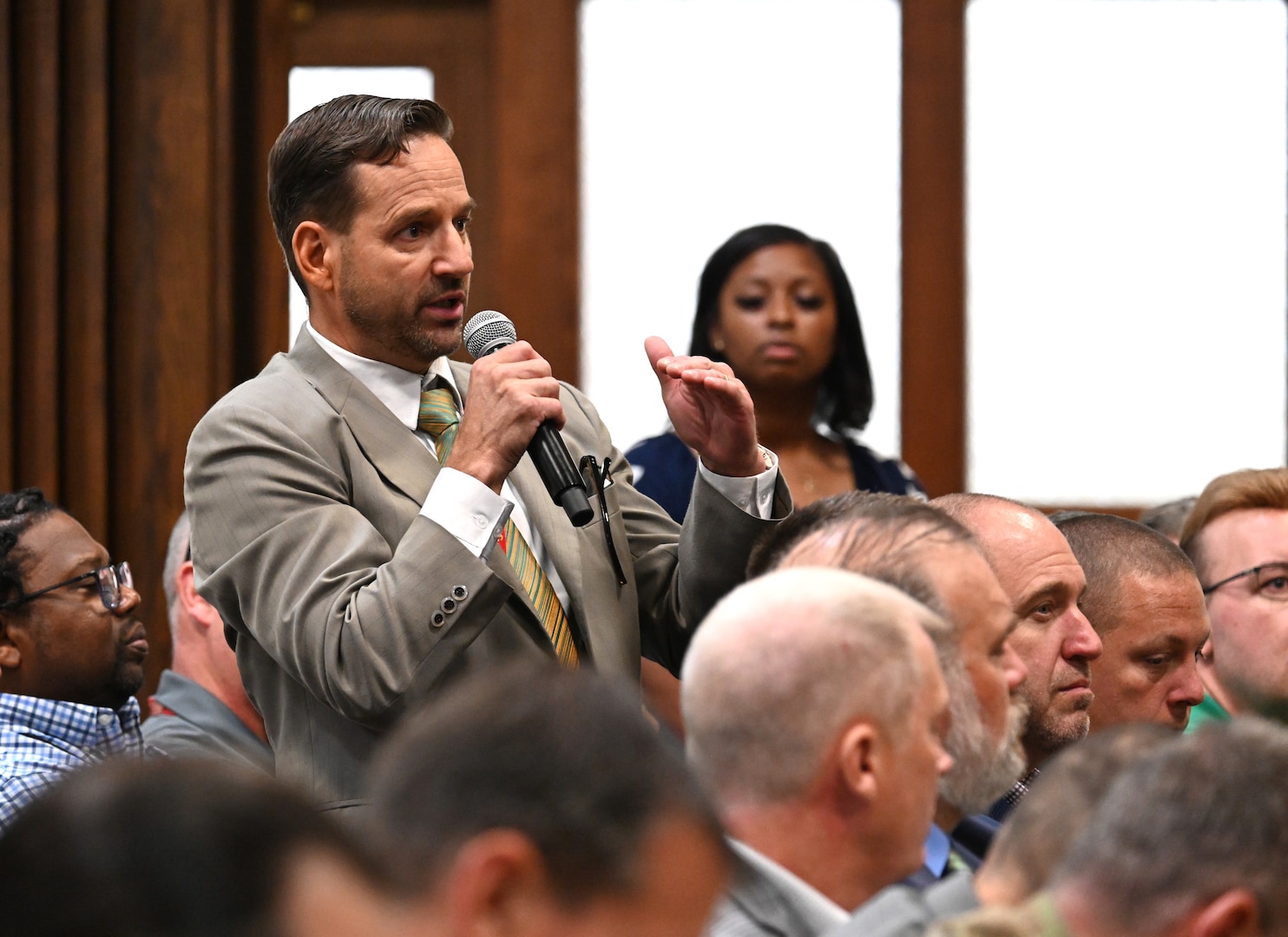 Eric Lyon, deputy chief counsel for Disposition Services, asks a question during the DLA Disposition Services Town Hall Sept. 19 at the Hart-Doyle-Inouye Center in Battle Creek, Michigan.