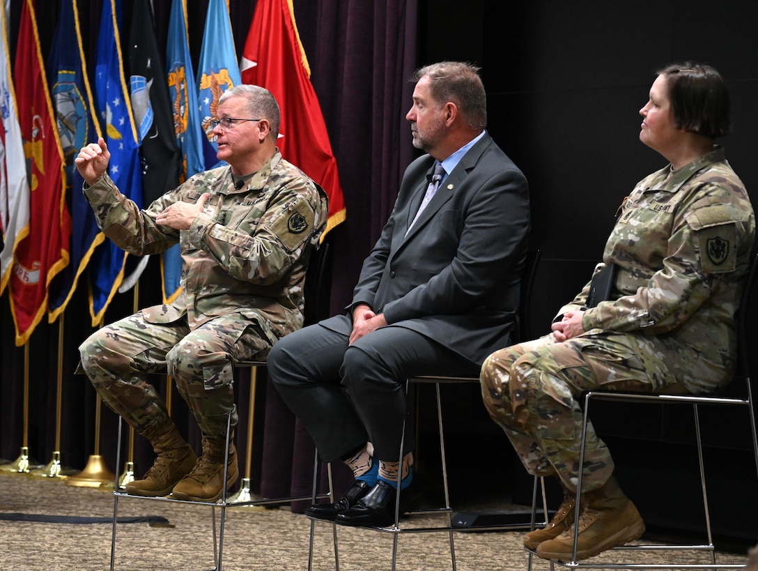 Army Lt. Gen. Mark Simerly (left), director, Defense Logistics Agency, answers a question during the DLA Disposition Services Town Hall Sept. 19 at the Hart-Doyle-Inouye Center in Battle Creek, Michigan.