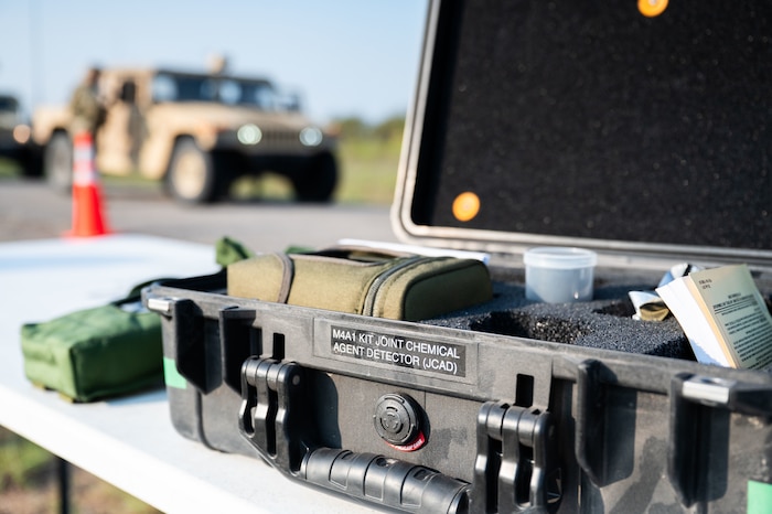 An M4A1 Joint Chemical Agent Detector kit sits on a table during a decontamination exercise at Fort Sill Oklahoma, September 7, 2025. Chemical, Biological, Radiological, and Nuclear training is fundamentally about survivability, adaptability, and mission success in extreme environments—and this joint exercise proved that cross-service collaboration enhances all three. (U.S. Air Force photo by Tech. Sgt. Hailey Haux)