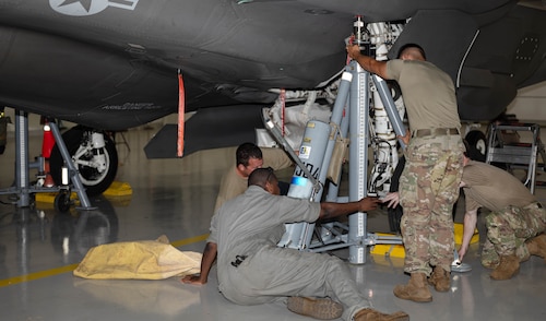 U.S. Airmen  assigned to the 325th Maintenance Squadron set up a load cell under an F-35A Lightning II