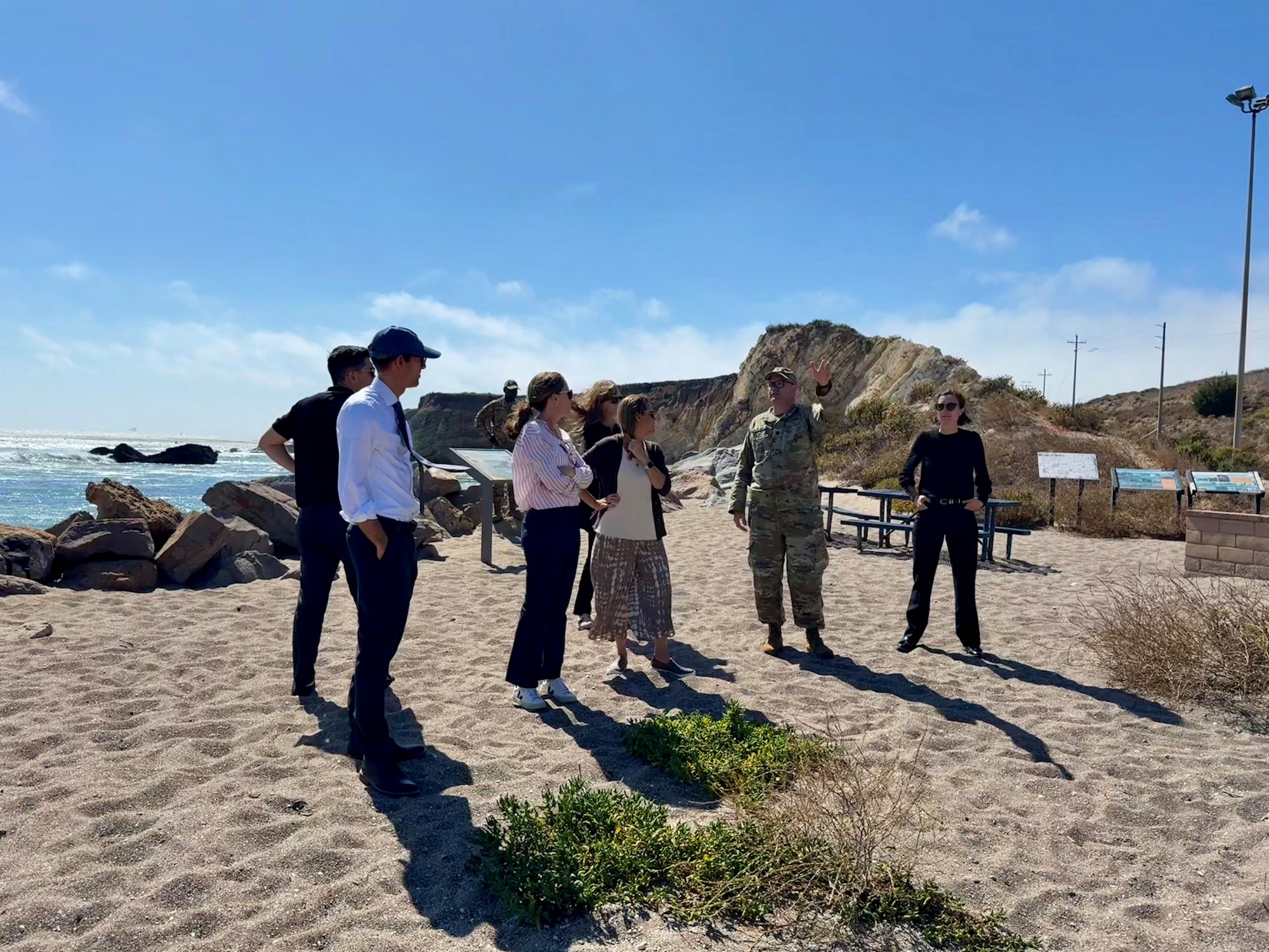 U.S. Space Force Lt. Col. Kyle Rowland, Chief of Spaceport Integration, speaks to members of the Governor's Office of Business and Economic Development (GoBiz) and Regional Economic Action Coalition (REACH) about infrastructure improvements at the Vandenberg harbor at Vandenberg Space Force base, Calif., Sept. 12, 2025. GoBiz recently awarded a $9.5 million grant to the "Space Vandenberg" initiative, aimed at boosting space industry infrastructure in California and expanding workforce development.
