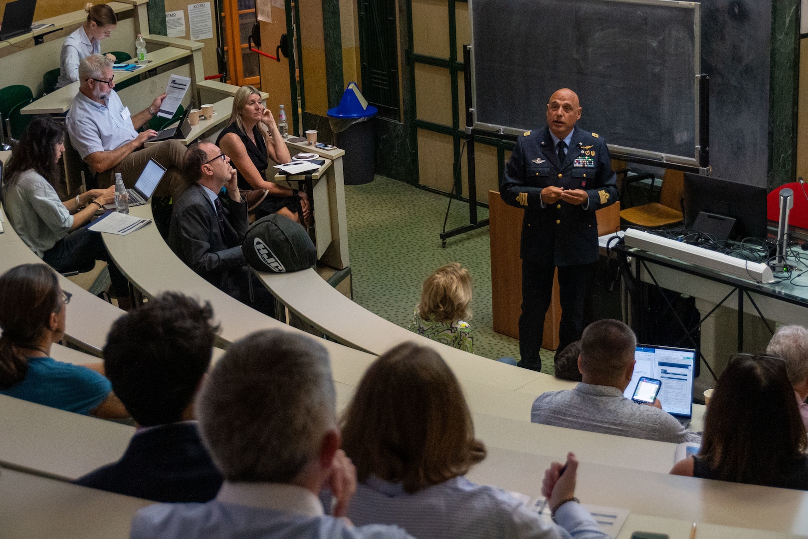 Italian air force Col. Gerardo Contristano, Office for the Protection of the Culture and the Memory of the Defense Historical and Statistical director, briefs about the legal, methodological and ethical aspects of the recovery of corpses of soldiers of World War I in the Alps during the fourth Scientific Summit in Milan, Italy, Sept. 19, 2025.