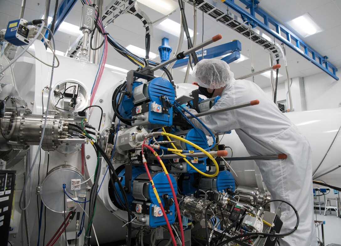 Eric D’Ambro, a test operations engineer, works on a Space Asset Resilience thermal vacuum chamber, Aug. 3, 2020, at Arnold Air Force Base, Tenn. The Space Threat Asset Testbed is among the test cells at Arnold included in the Test Cell Crew Chief pilot program. Through the pilot program, implemented by the Test Operations and Sustainment contractor at Arnold, four test cells have been assigned a crew chief who will be responsible for their respective test cell, serving as a single point of accountability for operational readiness, safety and performance in the facility. (U.S. Air Force photo)