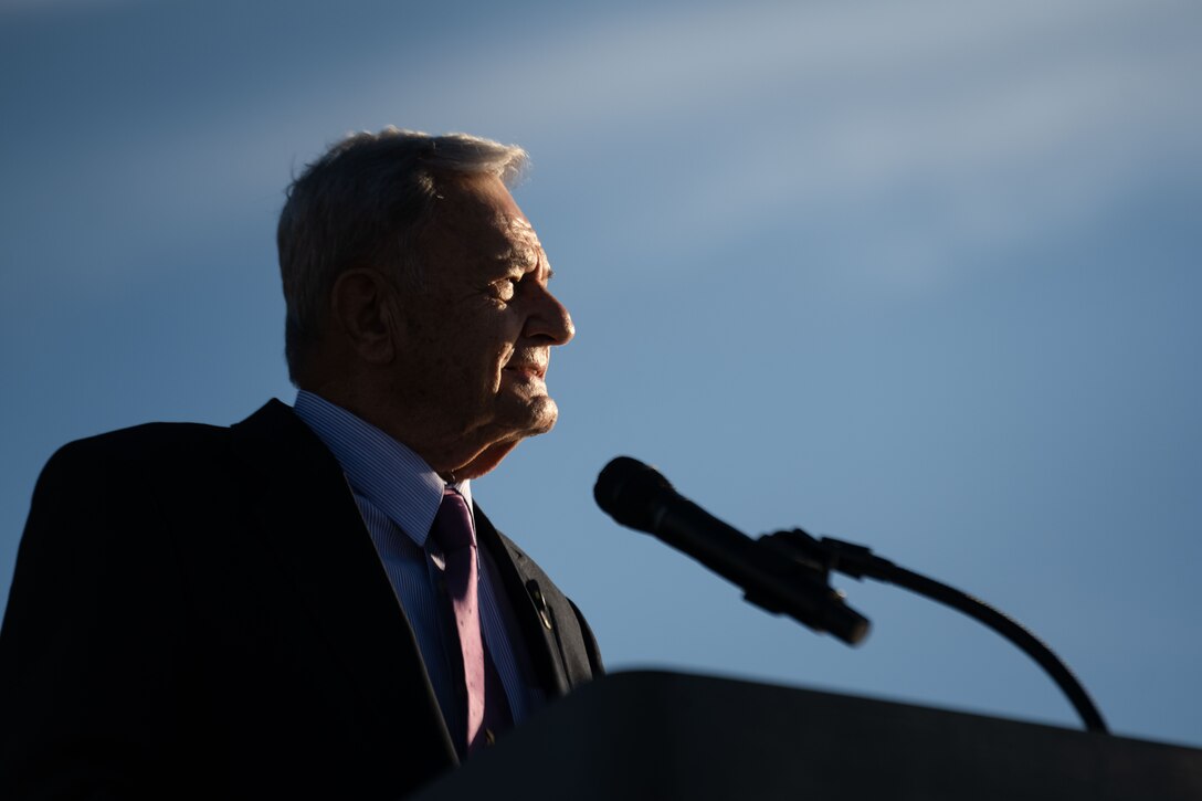 CDR Bradley E. Smith, U.S. Navy retired and former Vietnam POW, shares his story with MacDill service members during the POW/MIA Recognition Day Opening Ceremony at MacDill Air Force Base, Florida, Sept. 18, 2025. At the time, Lieutenant Smith was an A4C pilot assigned to Attack Squadron VA-76 onboard the USS Enterprise. On March 25, 1966, he and two other pilots launched their A4C aircraft during an armed reconnaissance mission on the Quang Khe Highway Ferry in Quang Binh Province, North Vietnam. A radio Hanoi broadcast later reported that North Vietnamese forces shot down one U.S. aircraft on March 25th over Quang Binh City, and that the pilot had been captured. Lieutenant Smith’s status was changed from missing in action to captured on July 20, 1966. In the Spring of 1973, Bradley E. Smith was among 591 Americans who were released from communist prisoner of war camps in Vietnam. During his years of captivity, he was promoted to the rank of commander. (U.S. Air Force photo by Senior Airman Zacahry Foster)