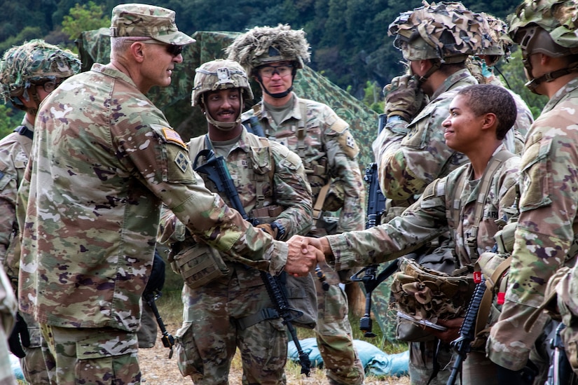 Chief of Staff of the Army Gen. Randy George, visits with Soldiers of the 1st Stryker Brigade Combat Team, 4th Infantry Division, at Camp Casey, South Korea, Sept. 22, 2025.