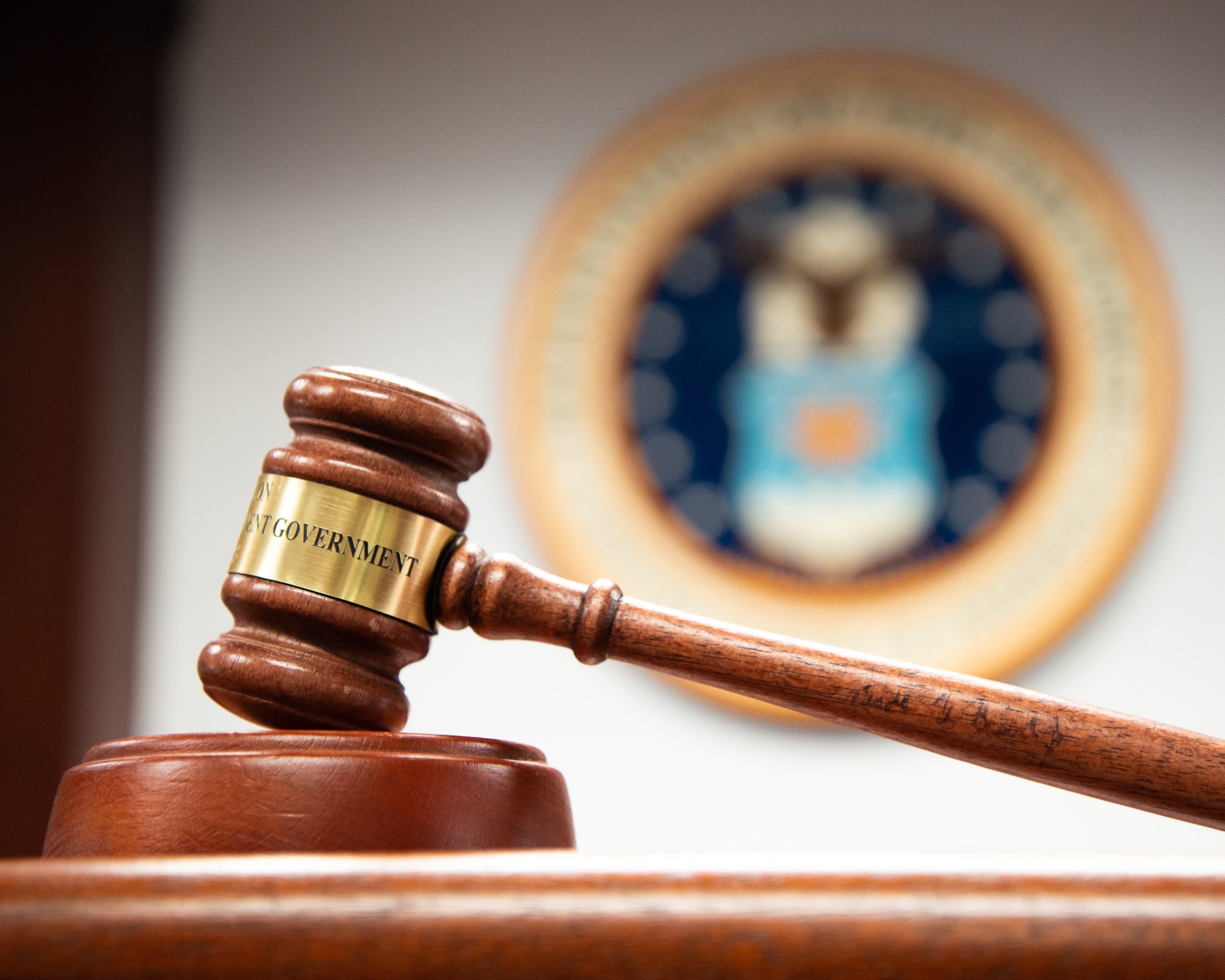 A gavel sits atop the judge's bench in the courtroom at Wright-Patterson Air Force Base, Ohio.