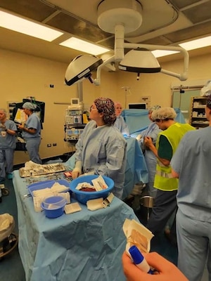 Hospital Corpsman 2nd Class Kandice Cullison, a surgical technologist assigned to Naval Medical Readiness and Training Command (NMRTC) Sigonella, participates in a Code Purple Drill in the naval hospital’s main operating room. The exercise brings together the operating room, multi-service ward, emergency room, and anesthesia staff to strengthen teamwork and sharpen the command’s emergency response capabilities.