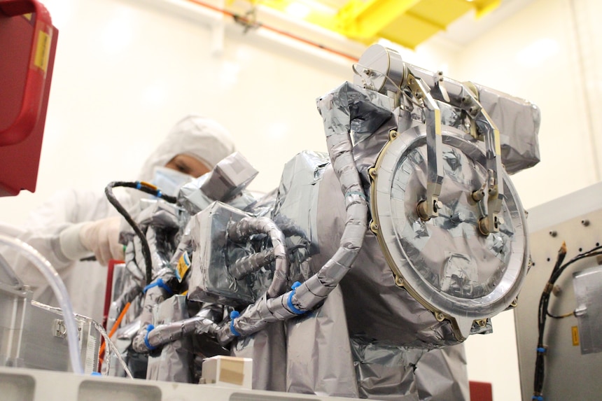 U.S. Naval Research Laboratory (NRL) Senior Electrical Technician, Renzo Benites completes final grounding of the Compact Coronagraph-2 (CCOR-2) after integration on National Oceanic and Atmospheric Administration’s (NOAA), Space Weather Follow On-Lagrange 1 (SWFO-L1) satellite.