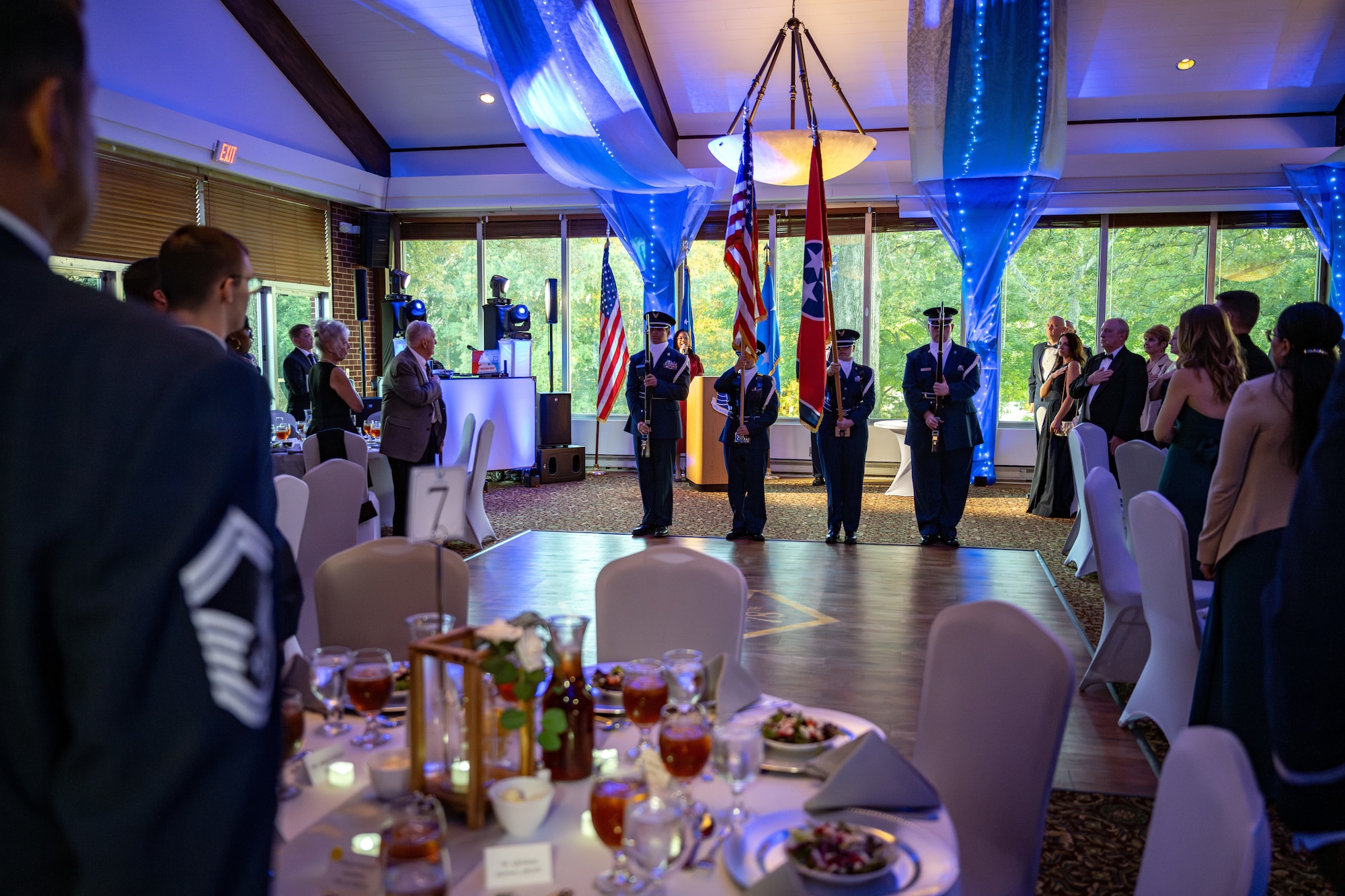 Air Force ROTC Color Guard performs the national anthem before festivities commence at the 78th Anniversary Air Force Ball at Arnold Lakeside Complex, Arnold AFB, Tenn., Sept. 13, 2025. The ball, hosted by the Arnold AFB Company Grade Officers’ Council, is an annual event held around the birthday of the U.S. Air Force to commemorate Airmen, celebrate service and reflect on the proud heritage of the U.S. Air Force. (Air Force photo by Keith Thornburgh) Disclaimer: The CGOC is a private organization which is not part of the Department of War or any of its components and has no governmental status.