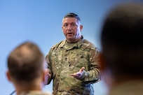 Sgt. Maj. Jaime Perez, U.S. Army Financial Management Command Reserve Component finance and comptroller senior enlisted advisor, briefs 45th Finance Center Soldiers about the Army Reserve’s and National Guard’s role in finance operations during a staff exercise in the Mark Sullivan Auditorium at the Maj. Gen. Emmett J. Bean Federal Center in Indianapolis Sept. 18, 2025. The four-day exercise brought together elements from the 45th FC’s headquarters and three geographically separated teams to assess the unit’s operational capacity and limitations while enhancing its future operational reach for large scale and multidomain operations. (U.S. Army photo by Mark R. W. Orders-Woempner)