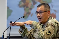 Sgt. Maj. Rodani Tan, 45th Finance Center senior enlisted advisor, makes remarks during a staff exercise in the Mark Sullivan Auditorium at the Maj. Gen. Emmett J. Bean Federal Center in Indianapolis Sept. 18, 2025. The four-day exercise brought together elements from the 45th FC’s headquarters and three geographically separated teams to assess the unit’s operational capacity and limitations while enhancing its future operational reach for large scale and multidomain operations. (U.S. Army photo by Mark R. W. Orders-Woempner)