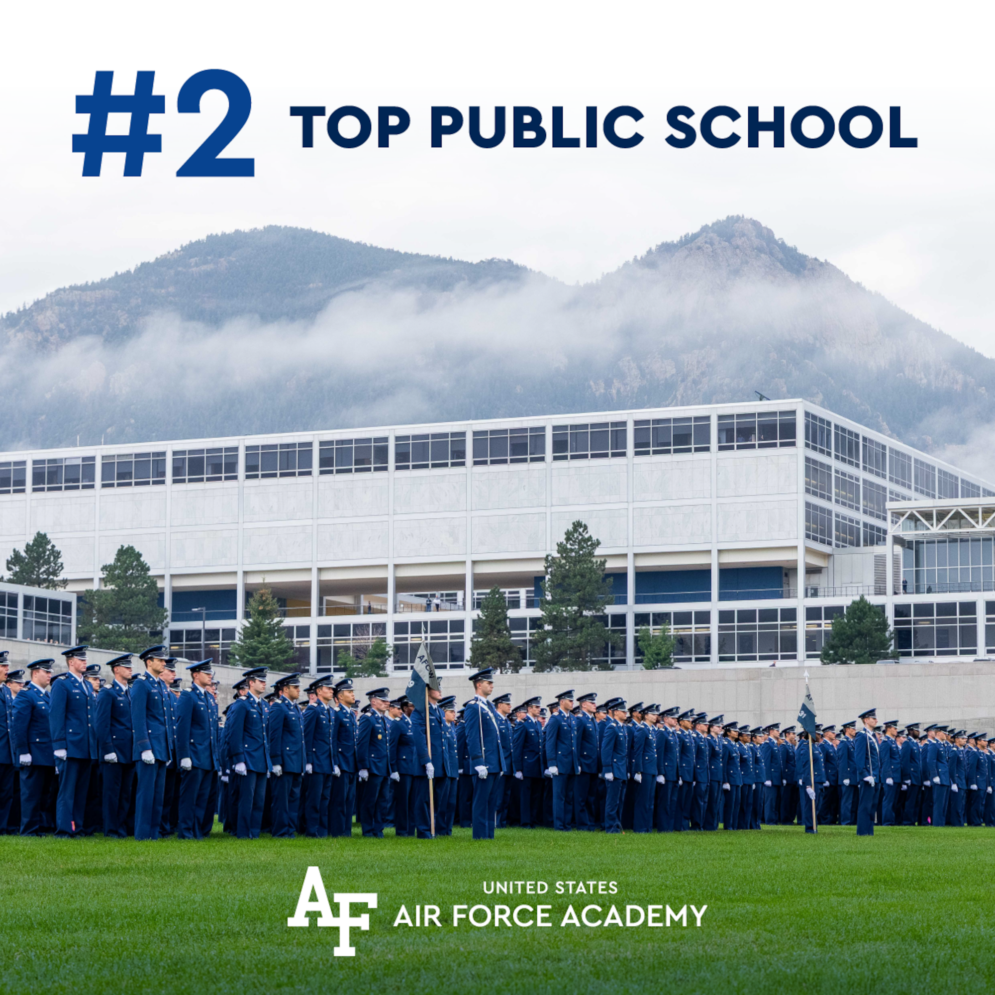 Graphic of cadets marching with the mountains in the background and text that reads, "#2 Top Public School"