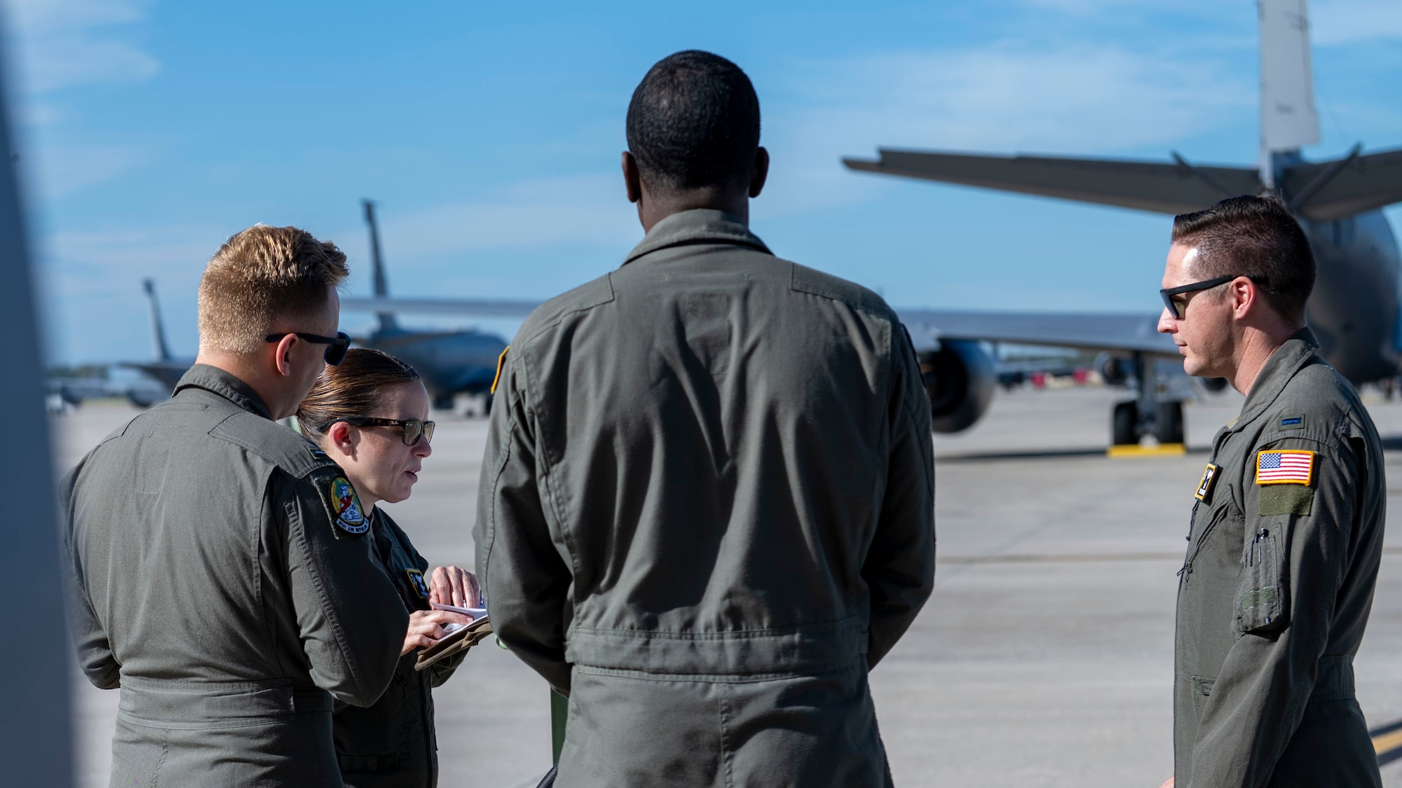 Aircrew assigned to the 91st Air Refueling Squadron perform a pre-flight brief prior to takeoff at MacDill Air Force Base, Florida, Sept. 18, 2025. Pre-flight briefs are meant to ensure aircrew are ready for upcoming flights, and cover everything from weather conditions to risk assessments. (U.S. Air Force photo by Airman 1st Class Monique Stober)