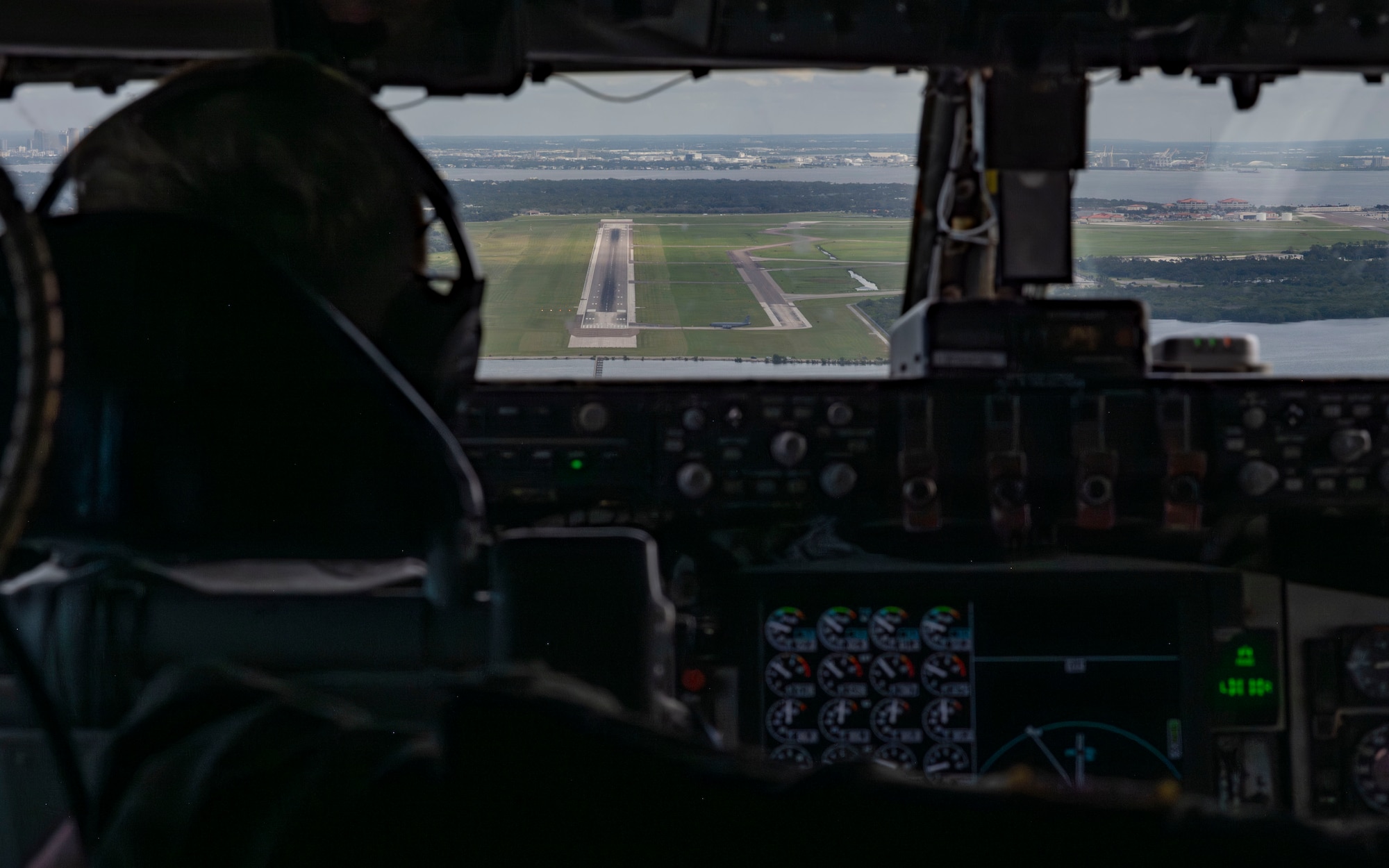 U.S. Air Force 1st Lt. Jace Duckworth, 91st Air Refueling Squadron pilot, prepares to land a KC-135 Stratotanker aircraft from the 6th Air Refueling Wing at MacDill Air Force Base, Florida, Sept. 18, 2025. Duckworth performed multiple touch-and-go maneuvers in order to stay current in his flight training. Touch-and-go landings allow pilots to execute multiple repetitions in a short amount of time. (U.S. Air Force photo by Airman 1st Class Monique Stober)