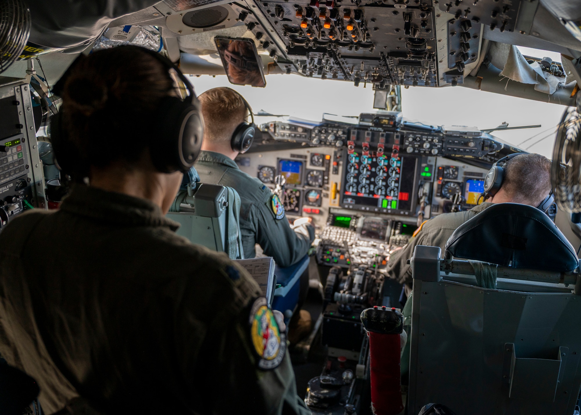 U.S. Air Force pilots assigned to the 91st Air Refueling Squadron, conduct a flyover during the Tampa Bay Rays game at George M. Steinbrenner Field, Florida, Sept. 18, 2025. The flyover honored military service and celebrated the enduring partnership between MacDill Air Force Base and the local Tampa Bay community. (U.S. Air Force photo by Airman 1st Class Monique Stober)