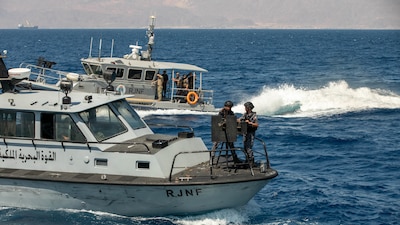 U.S. CENTRAL COMMAND AREA OF RESPONSIBILITY (Sept. 17, 2025) U.S. Coast Guardsmen assigned to U.S. Naval Forces Central Command’s Maritime Engagement Team and members of the Jordanian Armed Forces participate in a simulated visit, board, search, and seizure (VBSS) operation aboard Royal Jordanian Naval Forces vessels in the Gulf of Aqaba, Sept. 17, 2025, during exercise INFINITE DEFENDER 25. INFINITE DEFENDER 25 is an annual, bilateral explosive ordnance disposal and maritime security exercise between U.S. 5th Fleet and the Royal Jordanian Navy to enhance mutual capabilities and interoperability. (U.S. Army photo by Sgt. Hans Williams)