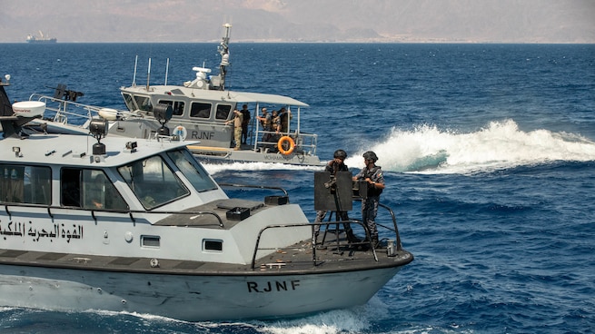 U.S. CENTRAL COMMAND AREA OF RESPONSIBILITY (Sept. 17, 2025) U.S. Coast Guardsmen assigned to U.S. Naval Forces Central Command’s Maritime Engagement Team and members of the Jordanian Armed Forces participate in a simulated visit, board, search, and seizure (VBSS) operation aboard Royal Jordanian Naval Forces vessels in the Gulf of Aqaba, Sept. 17, 2025, during exercise INFINITE DEFENDER 25. INFINITE DEFENDER 25 is an annual, bilateral explosive ordnance disposal and maritime security exercise between U.S. 5th Fleet and the Royal Jordanian Navy to enhance mutual capabilities and interoperability. (U.S. Army photo by Sgt. Hans Williams)
