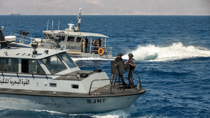 U.S. CENTRAL COMMAND AREA OF RESPONSIBILITY (Sept. 17, 2025) U.S. Coast Guardsmen assigned to U.S. Naval Forces Central Command’s Maritime Engagement Team and members of the Jordanian Armed Forces participate in a simulated visit, board, search, and seizure (VBSS) operation aboard Royal Jordanian Naval Forces vessels in the Gulf of Aqaba, Sept. 17, 2025, during exercise INFINITE DEFENDER 25. INFINITE DEFENDER 25 is an annual, bilateral explosive ordnance disposal and maritime security exercise between U.S. 5th Fleet and the Royal Jordanian Navy to enhance mutual capabilities and interoperability. (U.S. Army photo by Sgt. Hans Williams)