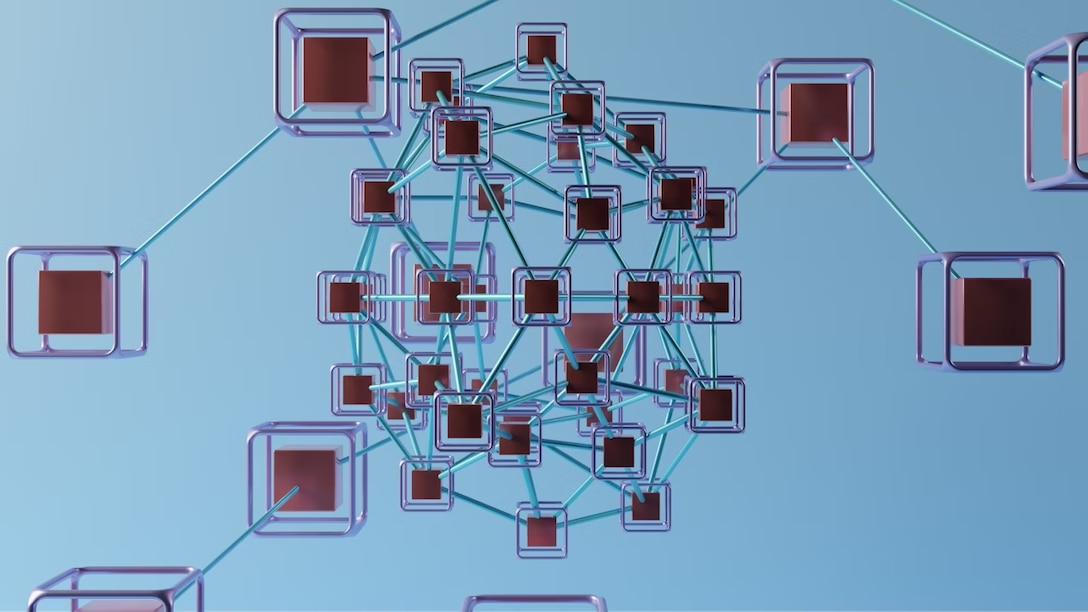 A digital 3D illustration of interconnected cubes, representing a blockchain or network system, with blue connecting lines forming a web-like structure.