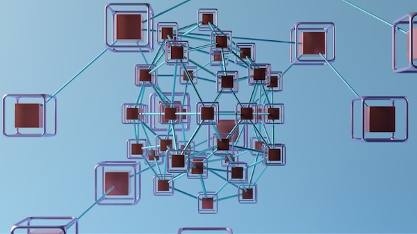 A digital 3D illustration of interconnected cubes, representing a blockchain or network system, with blue connecting lines forming a web-like structure.