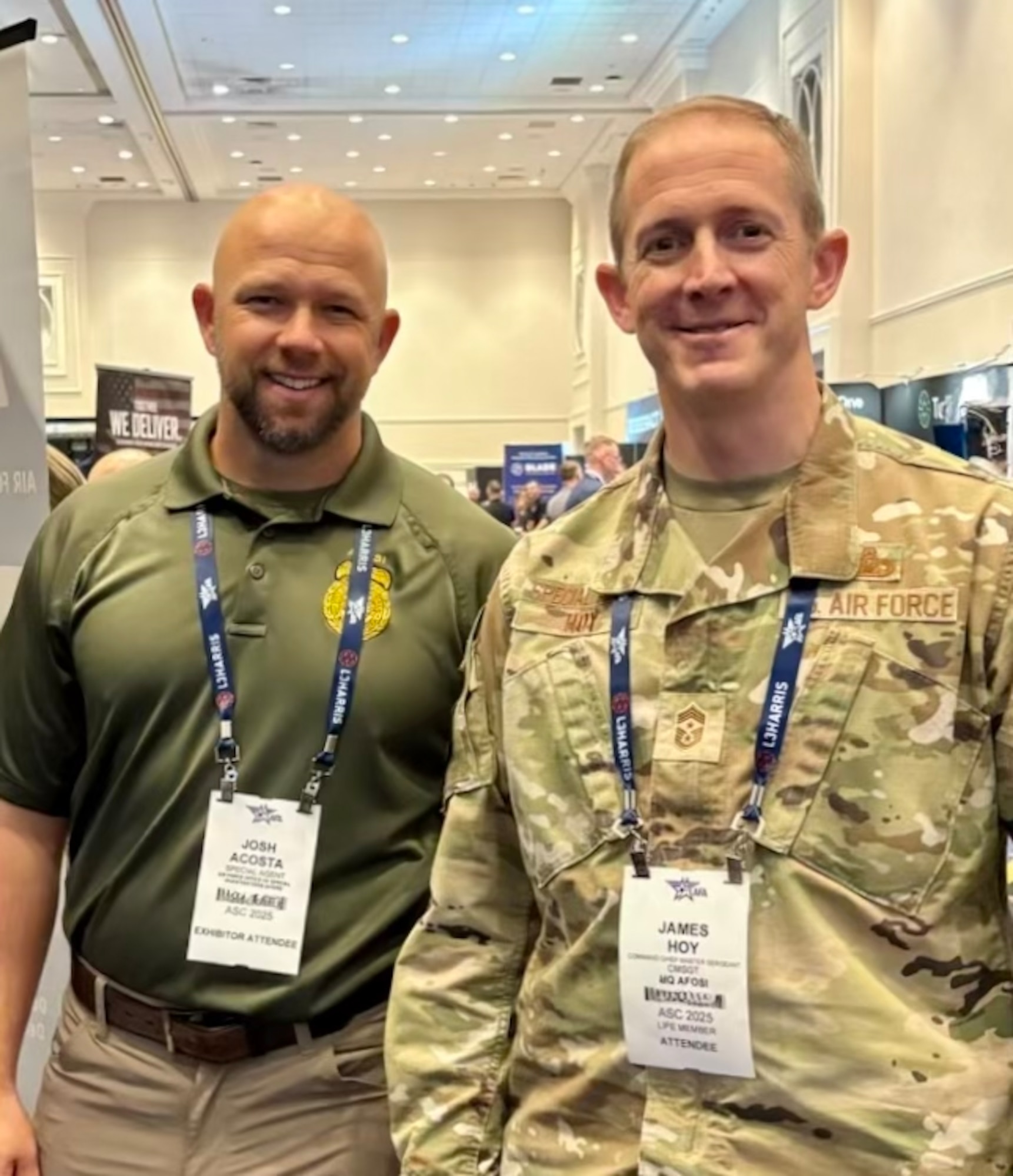 Special Agent Josh Acosta and Chief Master Sgt. James Hoy, command chief of the Air Force Office of Special Investigations, met up during the Air & Space Forces Association’s Air, Space & Cyber Conference, near Washington, D.C.