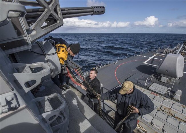 ARABIAN SEA – U.S. Sailors load a Mark 15 Phalanx close-in weapons system on aircraft carrier USS Ronald Reagan (CVN 76) in the Arabian Sea, Aug. 25. Ronald Reagan is the flagship for Carrier Strike Group 5 and is deployed to the U.S. 5th Fleet area of operations in support of naval operations to ensure maritime stability and security in the Central Region, connecting the Mediterranean and the Pacific through the western Indian Ocean and three strategic choke points. (U.S. Navy photo by Mass Communication 3rd Class Gray Gibson)