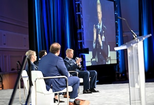 Maj. Gen. Luke Cropsey speaks about the future of the DAF BATTLE NETWORK during the Accelerating Decision Superiority: Harnessing Data and AI for Mission Readiness panel as part of the Air, Space and Cyber Conference, here, Sept. 23, 2025. The conference is an opportunity for Department of the Air Force senior leaders to meet and address Airmen, Guardians, allies, partners and industry leaders. Cropsey is the Department of the Air Force Program Executive Office for Command, Control, Communications and Battle Management’s program executive officer. (Official Air Force Photo by Richard Blumenstein).