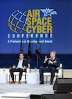 Maj. Gen. Luke Cropsey speaks about the future of the DAF BATTLE NETWORK during the Accelerating Decision Superiority: Harnessing Data and AI for Mission Readiness panel as part of the Air, Space and Cyber Conference, here, Sept. 23, 2025. The conference is an opportunity for Department of the Air Force senior leaders to meet and address Airmen, Guardians, allies, partners and industry leaders. Cropsey is the Department of the Air Force Program Executive Office for Command, Control, Communications and Battle Management’s program executive officer. (Official Air Force Photo by Richard Blumenstein).