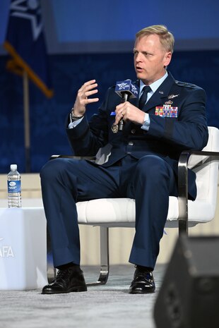 Maj. Gen. Luke Cropsey speaks about the future of the DAF BATTLE NETWORK during the Accelerating Decision Superiority: Harnessing Data and AI for Mission Readiness panel as part of the Air, Space and Cyber Conference, here, Sept. 23, 2025. The conference is an opportunity for Department of the Air Force senior leaders to meet and address Airmen, Guardians, allies, partners and industry leaders. Cropsey is the Department of the Air Force Program Executive Office for Command, Control, Communications and Battle Management’s program executive officer. (Official Air Force Photo by Richard Blumenstein).