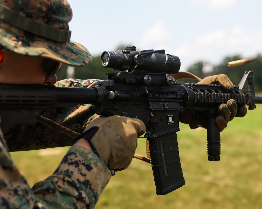 U.S. Marine Corps Lance Cpl. Braeden Moncrief with 2nd Platoon, Guard Company at Marine Barracks Washington fires his weapon during a proficiency shoot at Marine Corps Base Quantico, Va., July 30, 2025. Moncrief, a rifleman with 2nd Platoon, Guard Company, participated in the live-fire training to reinforce marksmanship fundamentals and fire team-level coordination. Routine training like this is essential for 8th & I Marines to remain proficient in their mission of safeguarding the "Oldest Post of the Corps." (U.S. Marine Corps photo by Brynn L. Bouchard)