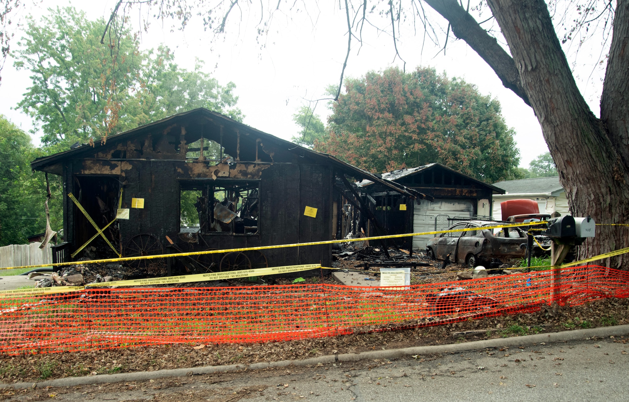 A burned down house which was a scene of a double homicide and where an active shooter began shooting and ended after he set off a homemade explosive device in Glenwood, Iowa, Aug. 6, 2025. He later died at a Kansas City burn unit because of third-degree burns sustained in the fire inside of his home. (U.S. Air Force photo by Dana Heard)