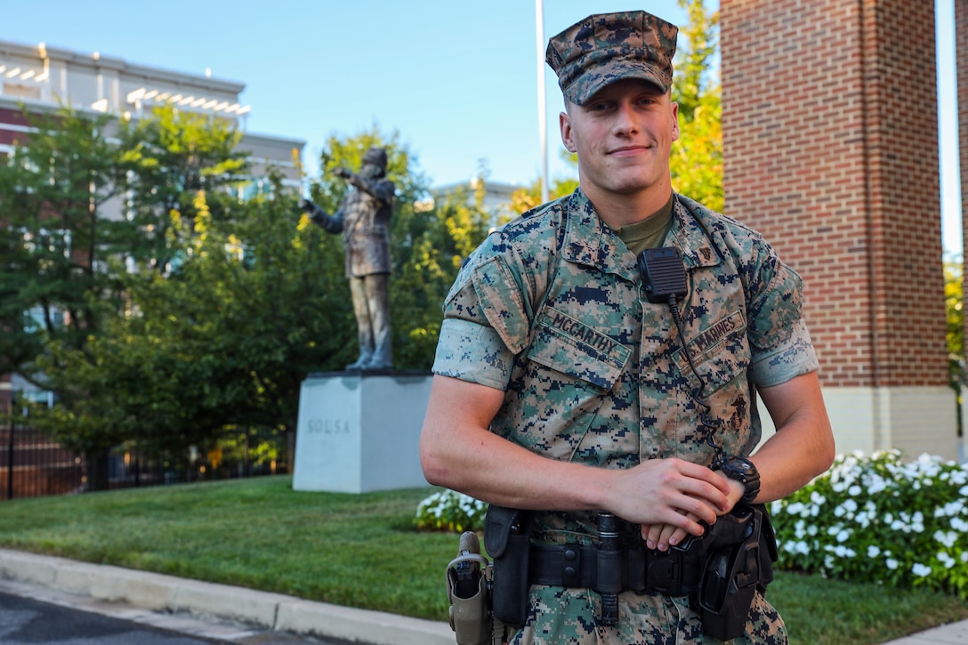 U.S. Marine Corps. Cpl. Brigan McCarthy, a guard with Guard Company, Marine Barracks Washington, poses for a feature at Marine Barracks Washington, D.C., Sep. 4, 2025. Cpl. McCarthy was nominated as Motivator of the Week for always looking out for his Marines and always having a positive outlook. Motivator of the Week aims to recognize Marines within the barracks for going above and beyond in uniform. (U.S. Marine Corps photo by Cpl. Christopher Prelle)