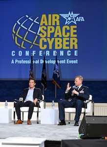 Maj. Gen. Luke Cropsey speaks about the future of the DAF BATTLE NETWORK during the Accelerating Decision Superiority: Harnessing Data and AI for Mission Readiness panel as part of the Air, Space and Cyber Conference, here, Sept. 23, 2025. The conference is an opportunity for Department of the Air Force senior leaders to meet and address Airmen, Guardians, allies, partners and industry leaders. Cropsey is the Department of the Air Force Program Executive Office for Command, Control, Communications and Battle Management’s program executive officer. (Official Air Force Photo by Richard Blumenstein).