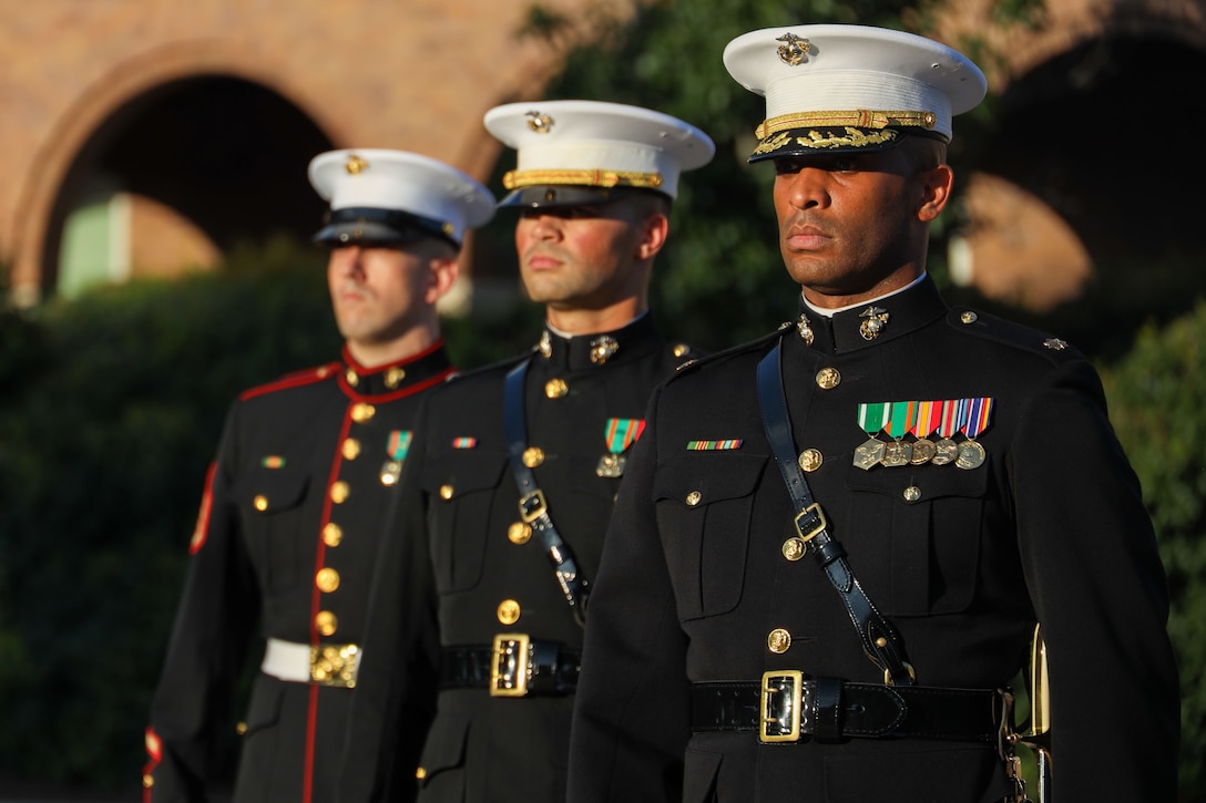 U.S. Marines with the Marine Barracks Washington parade staff execute a “counter march” during the Brigadier General Select Orientation Course ceremony at Marine Barracks, Washington, Aug. 11, 2025. BGSOC is an annual, weeklong course held in the National Capital Region to instruct newly promoted officers on their rank and responsibilities. The ceremony serves as both a formal welcome and a milestone in their transition to senior leadership within the Marine Corps. (U.S. Marine Corps photo by Cpl. Christopher Prelle)